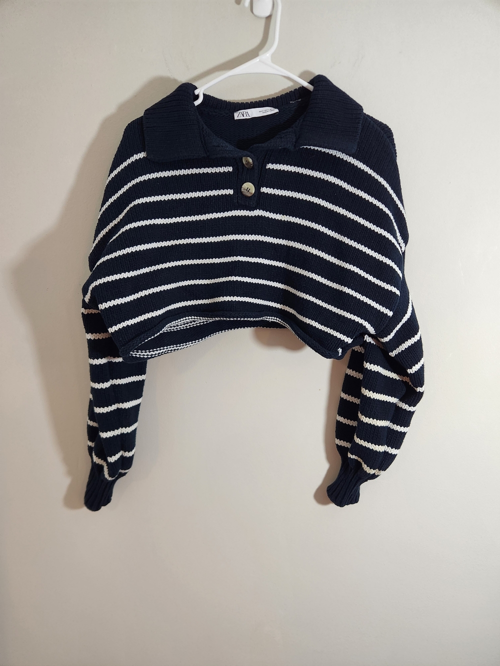 Zara Navy Striped Cropped Sweater Thick Knit Nautical Mod Henley Polo Collar